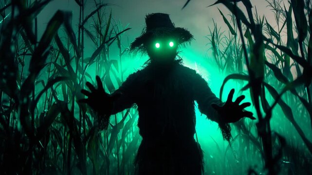 Sinister glowing-eyed scarecrow standing in a dark cornfield at night, mysterious horror atmosphere, supernatural presence, eerie cinematic lighting, and haunted farmland