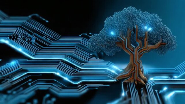 Digital Tree of Innovation: A captivating visualization of a digital tree, with its roots intertwined within a circuit board. showcasing the seamless fusion of nature and technology. 