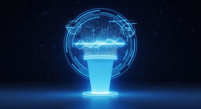 3d illustration of futuristic holographic interface displaying a glowing blue digital cloud with data streams and circuit patterns