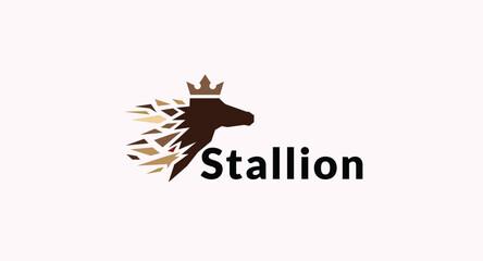 Elegant Brown Stallion Head Logo with Crown and Geometric Mane Design.
