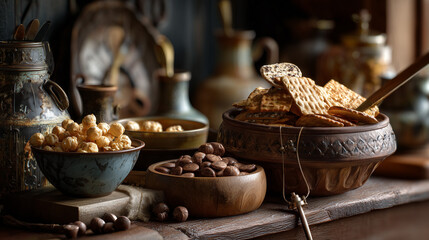 Vintage kitchenware holding handcrafted snacks, bathed in warm nostalgic light.