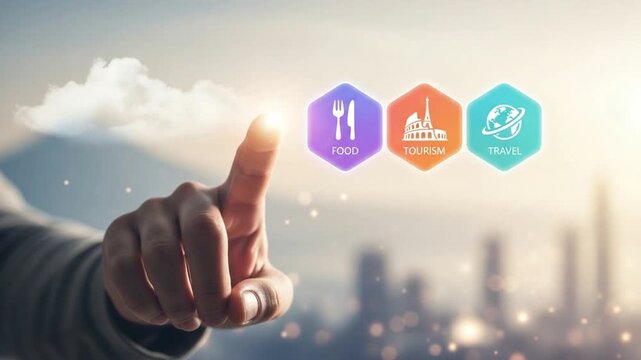 A hand pointing at food tourism and travel icons with a city skyline in the background image