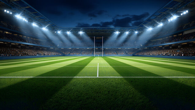 Nighttime Rugby Stadium: Dramatic, Lit Field, Packed Stands,  Ready for Game,  Professional Sports Photography.