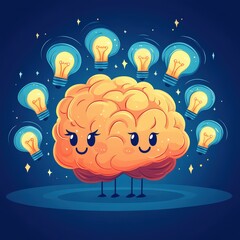 Charming Cartoon Brain:  Bright Ideas Illuminated,  Night Sky Backdrop,  Happy Expression