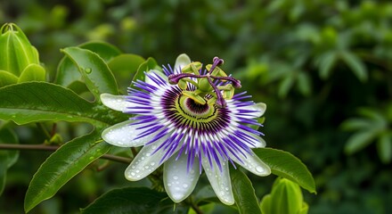 Close-Up of Passionflower with Unique Purple and White Petals in Garden