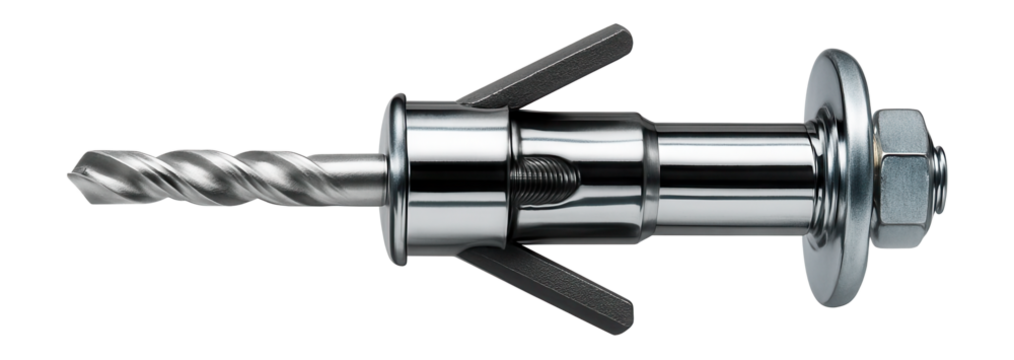 Hollow wall fastener with a built-in drill bit for easy installation in thin gypsum boards.