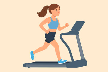 Fototapeta premium Young woman exercising on treadmill in gym flat illustration