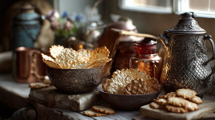 Vintage kitchenware holding handcrafted snacks, bathed in warm nostalgic light.