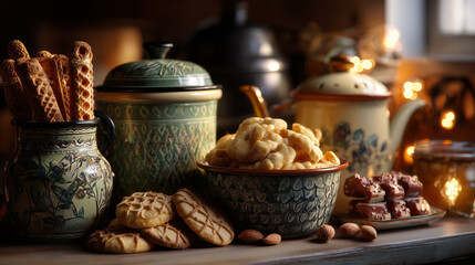 Vintage kitchenware holding handcrafted snacks, bathed in warm nostalgic light.