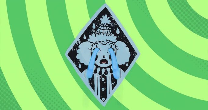 At third second starting tears, diamond face emblem on green swirl flowing stopping repeating loop