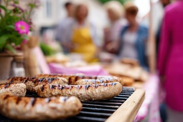 Grilled sausages cook on outdoor grill during lively festival people celebrate community event