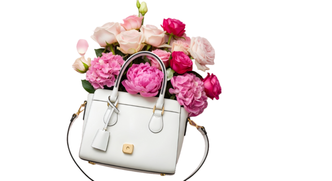 White Handbag and Pink Flowers on Pastel Wooden Background
- Powered by Adobe