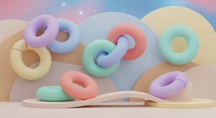 Fototapeta premium 3d illustration of playful arrangement of colorful donut shapes and abstract forms on a pastel background, evoking childhood joy