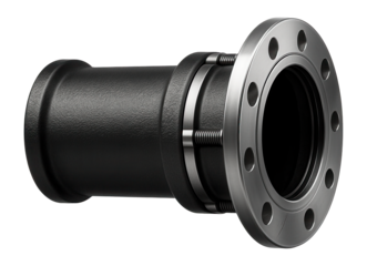 Cast iron pipe coupling with a flanged end for sewer line connections in urban infrastructure.