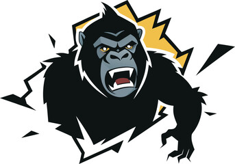 Furious gorilla breaking through with yellow lightning background
