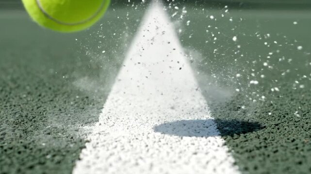 A dramatic, slow-motion macro shot of a tennis ball hitting the line for a championship point, a symbol of precision and a decisive win.