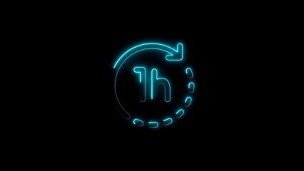 Glowing neon icon representing one hour time or measurement with black background