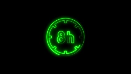 Glowing green neon sign indicating an eight hour duration on black background