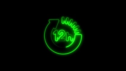 Neon green twelve hour clock icon illustrating time and duration concepts on black background