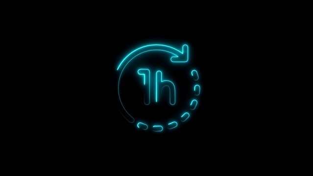 Glowing neon icon representing one hour time or measurement with black background