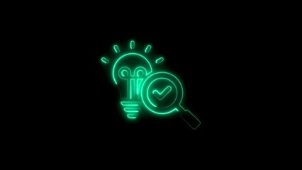 Obraz premium Glowing neon light bulb and magnifying glass with check mark on black background