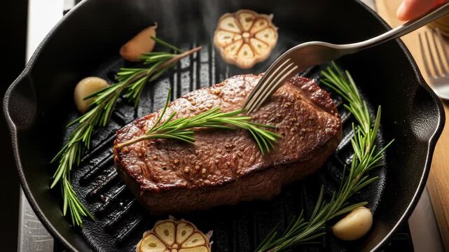 Delicious steak grilling with herbs and garlic in cast iron pan emphasizing aromatic cooking techniques