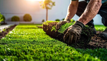 Man laying a roll of fresh green turf on a prepared lawn area in a sunny garden.