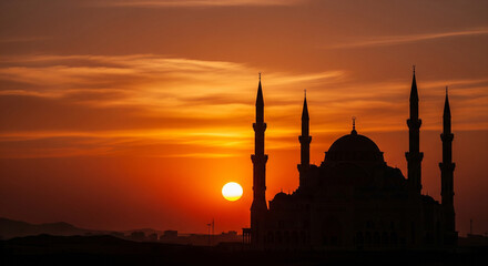 Obraz premium Sunset Silhouette of a Mosque with Minarets and a Beautiful Orange Sky