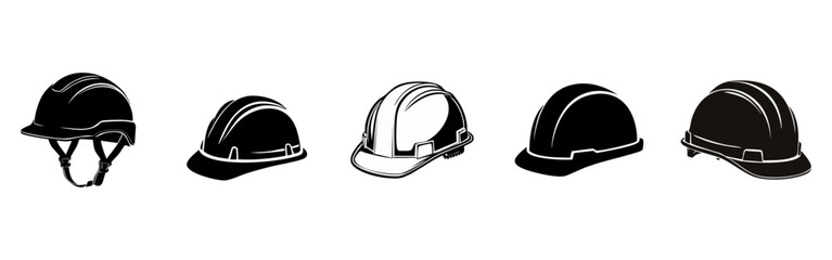 Fototapeta premium A set of four different styles of safety helmets presented in a solid black silhouette, suitable for various design and safety-themed projects.