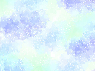梅雨時のアジサイなど、淡い紫色のお花イメージの背景素材。水彩風テクスチャー。筆のタッチ。水彩の柔らかなにじみ。キラキラした光。水滴の輝き。しっとり感。