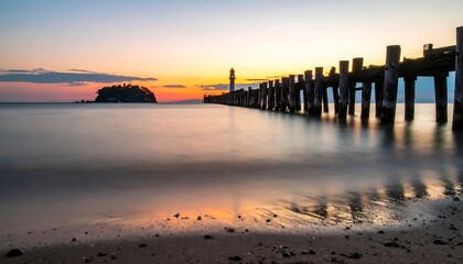 Fototapeta premium Sunset over a tranquil beach and pier