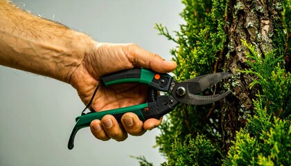 A person's hand using pruning shears to trim a green bush.