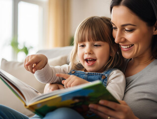 Child learns to read books, mother guides with warm smile.