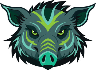 Aggressive boar head with neon green and teal markings