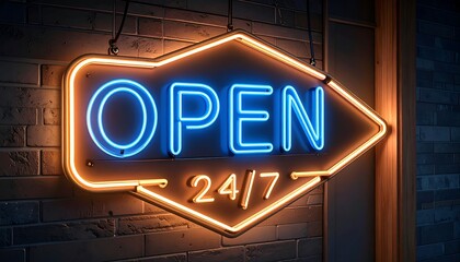 Neon Open Sign, Brick Wall, Night