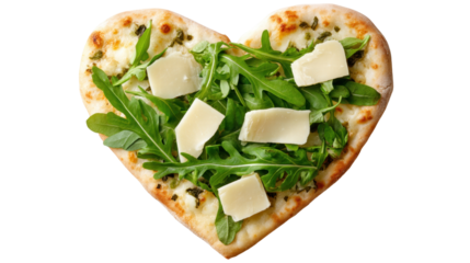 Heart shaped pizza with arugula and cheese isolated on transparent background