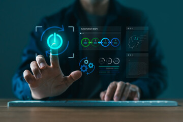 AI automation start interface with futuristic UI, system optimization, intelligent workflow, and performance tracking