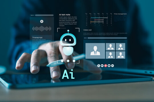 AI assistant interface with video conferencing, note transcription, and calendar tools for productivity, digital meetings, and smart office collaboration