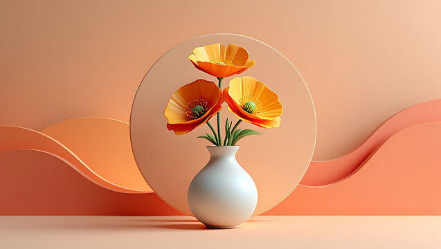 minimalist and modern floral arrangement of three stylized orange poppy flowers in a white vase against a subtle pastel peach background with abstract waves and a circular shape for an elegant design