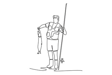 Single continuous line drawing man is celebrating a successful catch, holding up a fish he caught. Symbolizing the victory, reward, and joy of a hobby. One line draw graphic design vector illustration