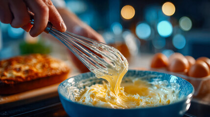 Whisk mixing creamy batter with eggs and sugar in a bowl, ingredients splashing mid-motion