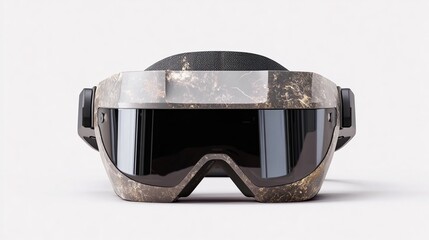 Futuristic headset with gold-marbled pattern on a gray backdrop