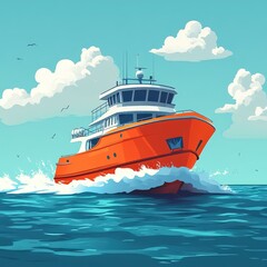 Naklejka premium Vibrant Orange Vessel Cutting Through Turquoise Waters Under a Sunny Sky