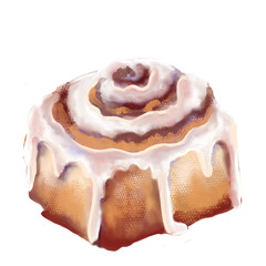 Hand drawn illustration of a cinnamon roll with icing. Sweet pastry dessert perfect for menus, packaging, food design, bakery projects and culinary artwork.
