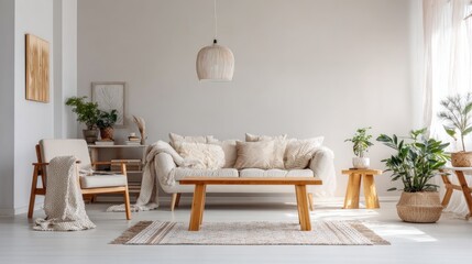 Cozy living space with a neutral color palette, wooden furniture, and lush plants