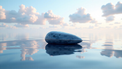 peace, peaceful, tranquil landscape, A solitary, polished stone rests on the glassy surface of a serene lake, signature blend of realism and minimalist serenity.