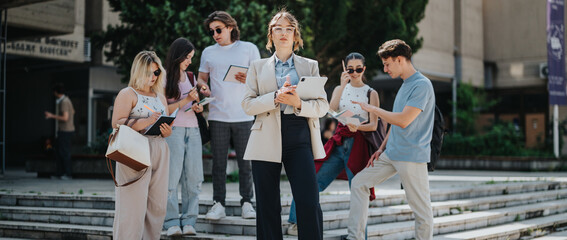 A group of students accompanied by a professor standing together, all holding electronic devices, in an academic outdoor setting with steps and buildings in the background.