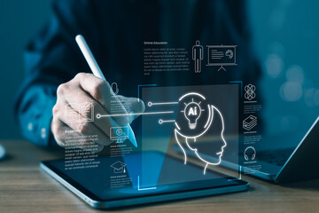 AI-powered online education platform with e-learning icons, smart interface, and digital tools for future learning, training, and educational technology