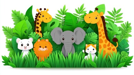 Cute cartoon animals in jungle illustration showcasing vibrant foliage design
