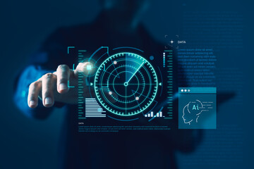 Futuristic radar AI interface with data visualization and human-computer interaction for cybersecurity, smart tracking, and advanced tech operations